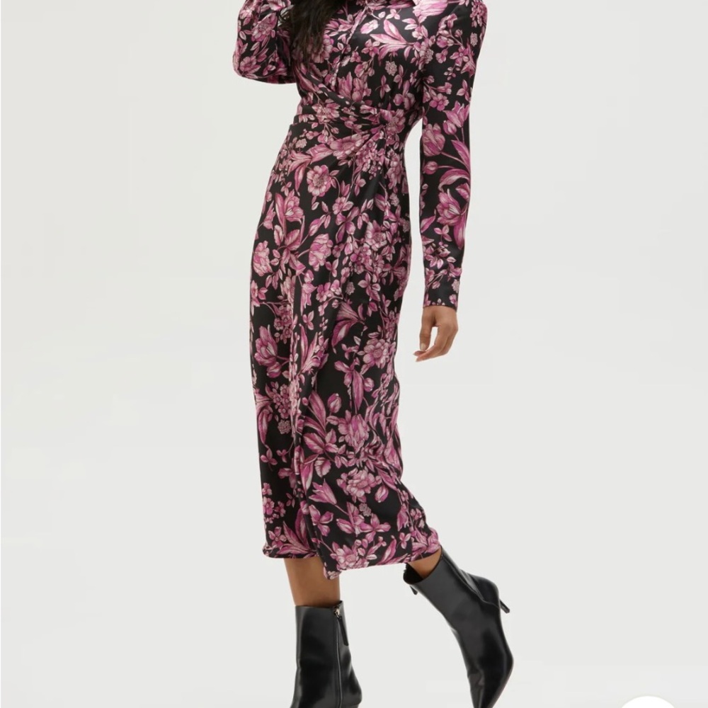 Pink Floral Twist-Waist Midi Dress in Black